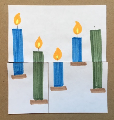Three blue candles and two green