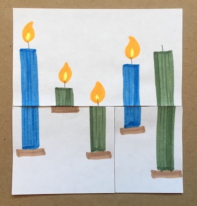 Two blue candles and three green