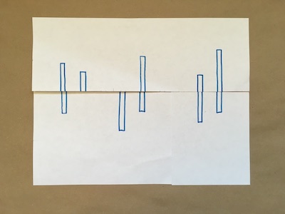 Six blue rectangles on a piece of paper