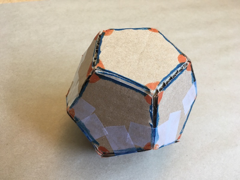 Dodecahedron with edges colored blue and vertices colored orange