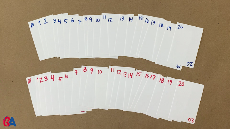 Cards indicating the numbers 0 through 20 in both blue and red