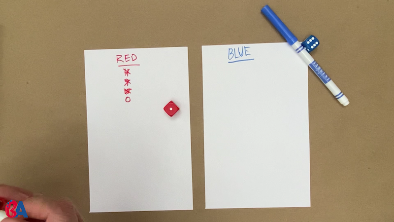 Two pieces of paper with names written at the top in red and blue. Red has numbers crossed off and then a zero.