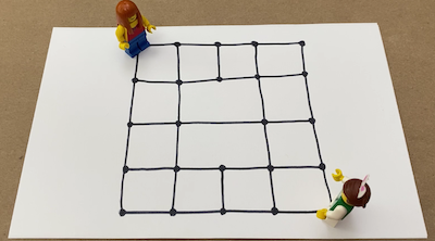 lego figures standing on a grid drawn on paper