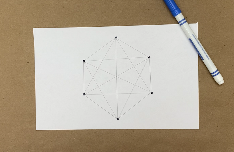 Six dots drawn on a piece of paper with pencil lines connecting them
